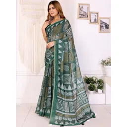 KALINI Green Printed Cotton Blend Chanderi Sarees image 3