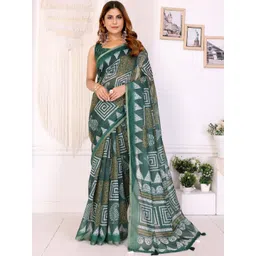 KALINI Green Printed Cotton Blend Chanderi Sarees image 1