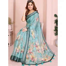 KALINI Green Printed Linen Blend Bhagalpuri Sarees-picture-23