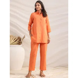 KALINI Janasya Women's Orange Cotton Blend Striped Shirt Style Co-ord Set-picture-21
