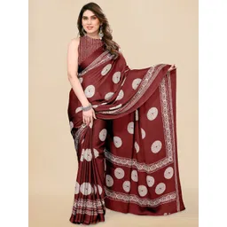 KALINI Maroon & White Batik Poly Chiffon Block Print Saree-image-31