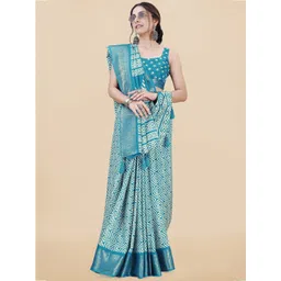kalini MIRCHI FASHION Turquoise Blue Geometric Printed Zari Silk Blend Saree-picture-12