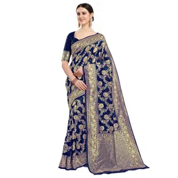 KALINI Navy Blue & Gold-Toned Woven Design Zari Silk Blend Fusion Banarasi Saree-picture-21