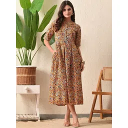 KALINI Paisley Print Mandarin Collar Pleated Cotton Fit & Flare Midi Dress-picture-42
