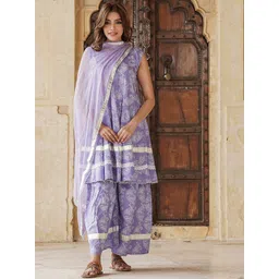 KALINI Paisley Printed Notch Neck A-Line Kurta With Sharara & Dupatta-picture-16