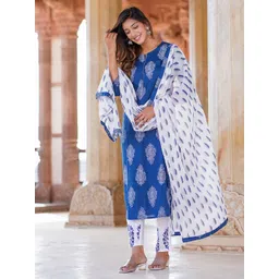 KALINI Paisley Printed Round Neck Straight Kurta With Trousers And Dupatta-picture-30