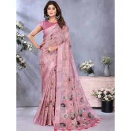KALINI Peach Printed Linen Blend Jamdani Sarees-picture-34