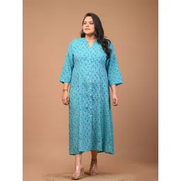 KALINI Plus Size Ethnic Motifs Printed Mandarin Collar A-Line Midi Dress-picture-18