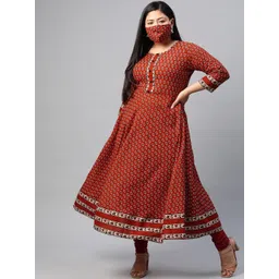 KALINI Plus Size Ethnic Motifs Printed Pure Cotton Round Neck Anarkali Kurta image 1