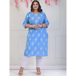 KALINI Plus Size Ethnic Motifs Printed Round Neck Cotton Straight Kurta-picture-27