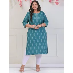 KALINI Plus Size Ethnic Motifs Printed Round Neck Cotton Straight Kurta-picture-15