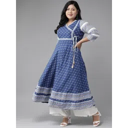 KALINI Plus Size Ethnic Motifs Printed V-Neck Cotton Angrakha Kurta-picture-33