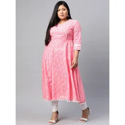 KALINI Plus Size Ethnic Motifs Printed V-Neck Three-Quarter Sleeves Cotton Anarkali Kurta-picture-22