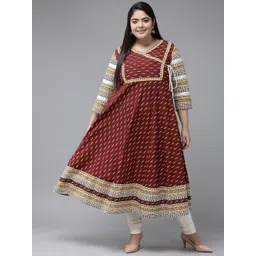 KALINI Plus Size Ethnic Motifs Yoke Design V-Neck Thread Work Anarkali Cotton Kurta-picture-35