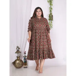KALINI Plus Size Floral Print Puff Sleeve Pure Cotton Fit & Flare Midi Dress-picture-39