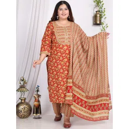 KALINI Plus Size Floral Printed Pure Cotton Kurta with Trousers & Dupatta-picture-34