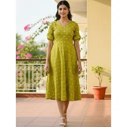 KALINI Polka Dot Print Puff Sleeve Fit & Flare Midi Dress-picture-12