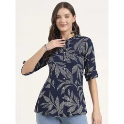 KALINI Print Mandarin Collar Roll-Up Sleeves Ethnic Shirt Style Top-image-9