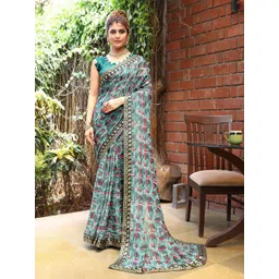 KALINI Printed Pure Georgette Saree With Embellished Lace Border-image-3