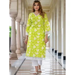 KALINI Pure Cotton Green Floral print Lace Work Straight Kurta-image-46