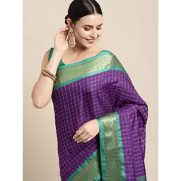 KALINI Purple & Green Checked Zari Silk Cotton Saree-picture-34