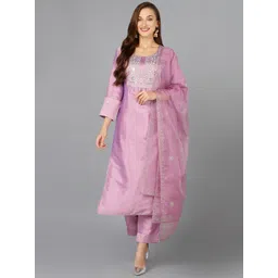 KALINI Round Neck Yoke Design Embroidered Gotta Patti Kurta with Trousers & Dupatta-image-4