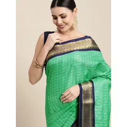 KALINI Sea Green & Navy Blue Checked Zari Silk Cotton Saree-picture-38