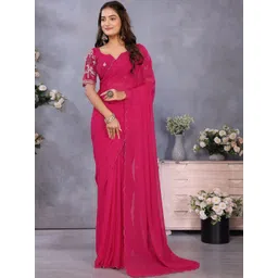 KALINI Solid Saree With Embroidery Work Blouse Piece image 4