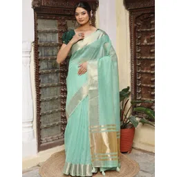 KALINI Solid Woven Design Cotton Golden Zari Border Saree With Contrast Blouse Piece-picture-20