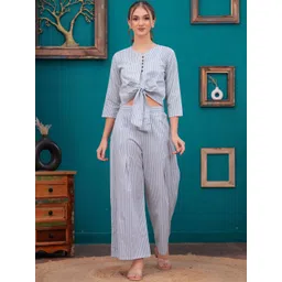 KALINI Striped Printed Round Neck Pure Cotton Crop Casual Top With Palazzos-picture-12