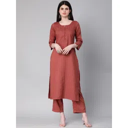 KALINI Striped Printed  Round Neck Three-Quarter Sleeves Thread Work Kurta with Trousers-picture-12