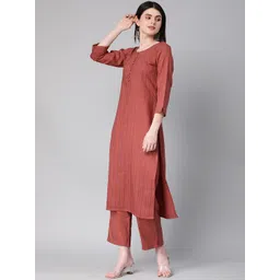 KALINI Striped Printed  Round Neck Three-Quarter Sleeves Thread Work Kurta with Trousers image 2