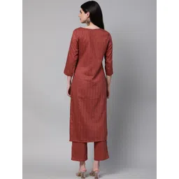 KALINI Striped Printed  Round Neck Three-Quarter Sleeves Thread Work Kurta with Trousers image 3