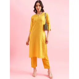 KALINI Striped Round Neck Three-Quarter Sleeves Thread Work Kurta Set-picture-27