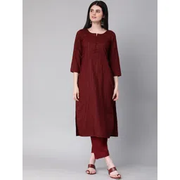 KALINI Striped Round Neck Three-Quarter Sleeves Thread Work Kurta with Trousers-picture-27