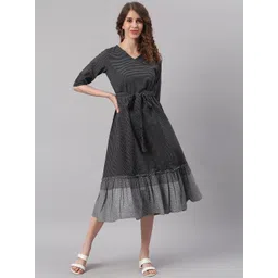 KALINI Striped Tie-Ups Detail Cotton Fit & Flare Midi Dress-picture-36
