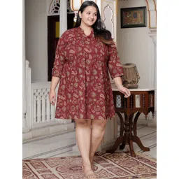 kalini Swasti Plus Size Floral Printed Mandarin Collar Cotton A-Line Dress-picture-28