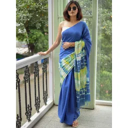 KALINI Tie and Dye Linen Blend Handloom Block Print Saree-picture-31