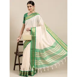 KALINI White & Green Checked Zari Silk Cotton Saree-picture-35