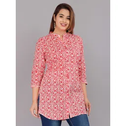 KALINI White & Pink Floral Print Mandarin Collar Shirt Style Longline Top-picture-23