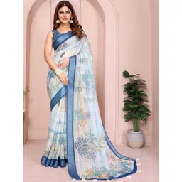 KALINI White Printed Linen Blend Bhagalpuri Sarees-picture-18