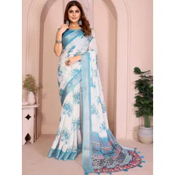 KALINI White Printed Linen Blend Bhagalpuri Sarees-picture-31