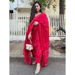 KALINI Women Bandhani Printed A-Line Kurta with Trousers & Dupatta-picture-38
