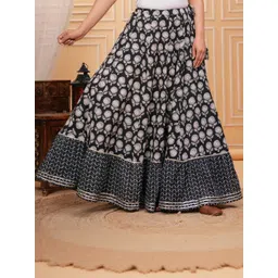KALINI Women Black Floral Block Print Long Skirt-picture-32