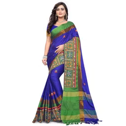 KALINI Women Blue & Green Floral Embroidered Silk Cotton Jamdani Saree-picture-22