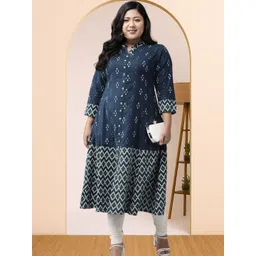 KALINI Women Blue Geometric Printed Mandarin Collar Cotton Anarkali Kurta-image-40