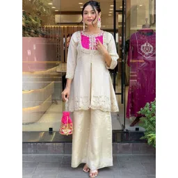 KALINI Women Ethnic Motifs Embroidered Empire Thread Work Chanderi Silk Kurti with Palazzos-image-15