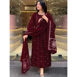 KALINI Women Ethnic Motifs Embroidered Empire Thread Work Kurta with Trousers & With Dupatta-image-3