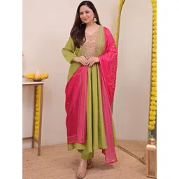 KALINI Women Ethnic Motifs Embroidered Empire Thread Work Kurta with Trousers & With Dupatta-image-7