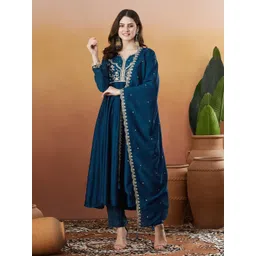 KALINI Women Ethnic Motifs Embroidered Empire Thread Work Kurta with Trousers & With Dupatta-image-9